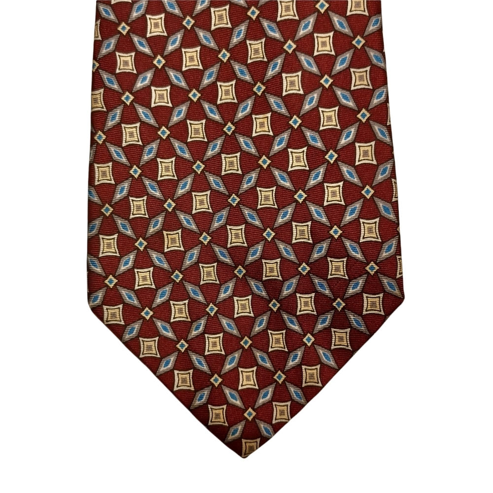 CLUBFELLOW 100% Silk Burgundy Red Blue Yellow Diamond Print Tie